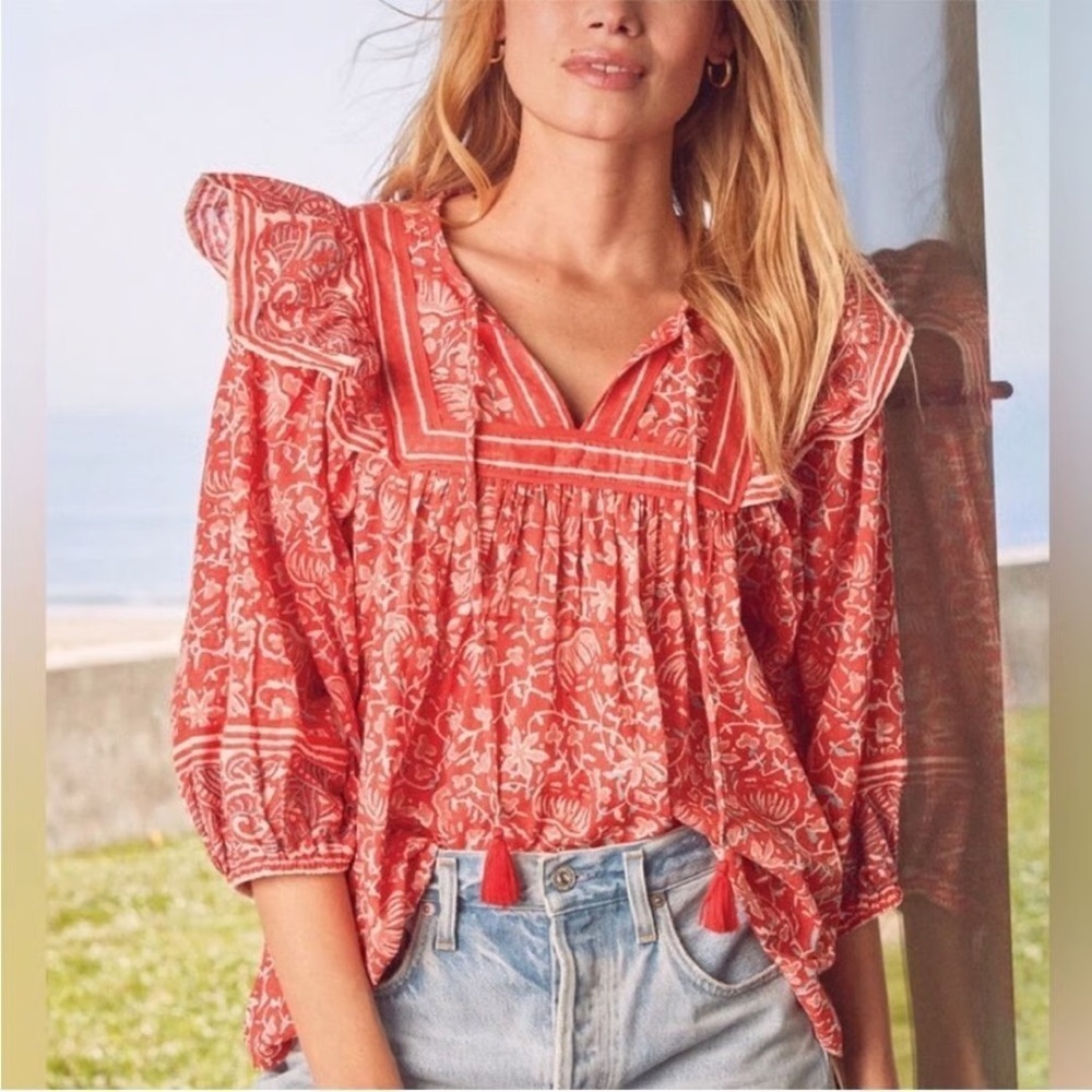 Cleobella NWT Organic Cotton Mylah Boho Balloon Sleeve Blouse Red Size Medium